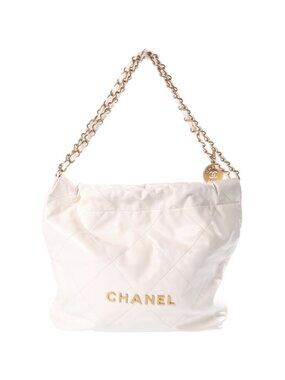Chanel 22 Medium Chain Shoulder Bag White Calfskin Plate Gold